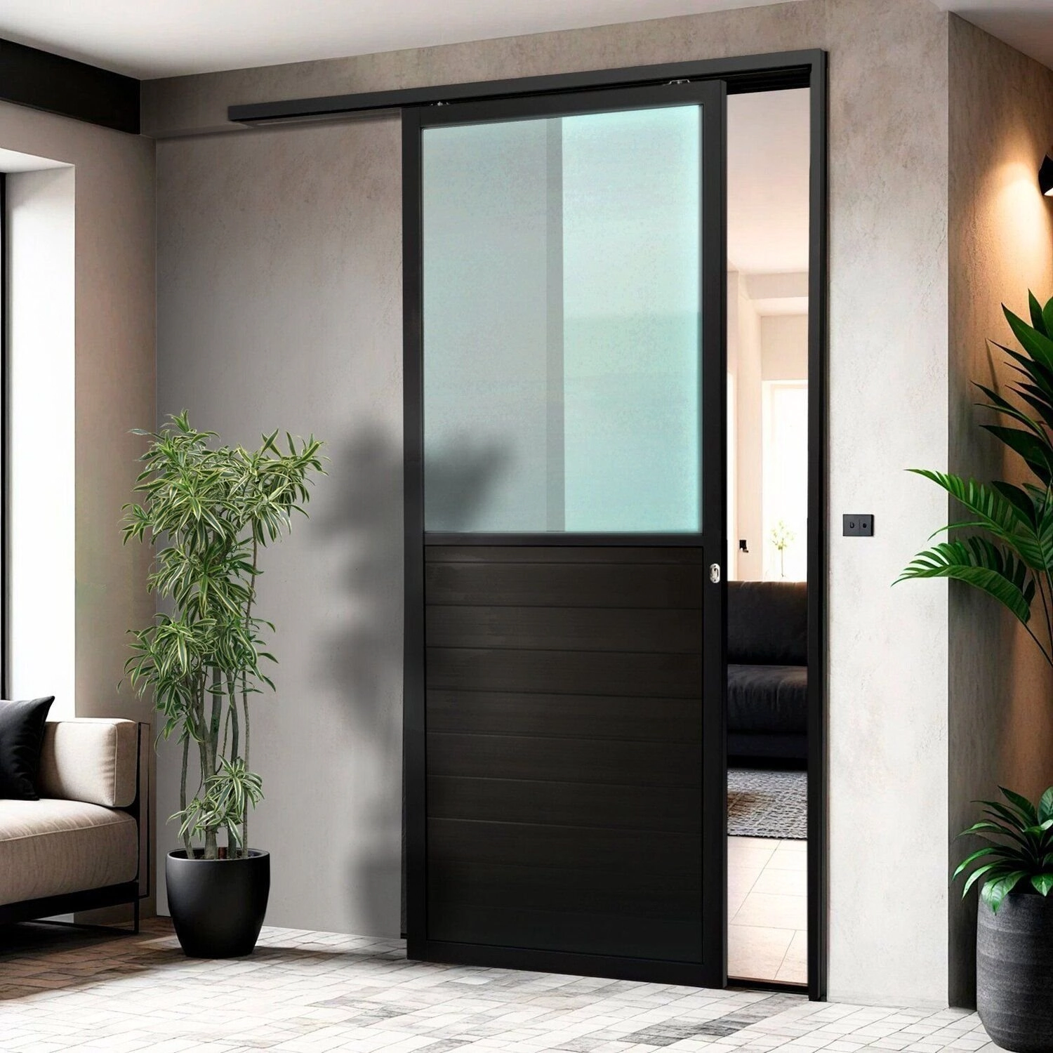 Porta De Correr Suspensa 210x100cm Meia Lambril Meia Vidro Dir L.25 Abertura Direita Preto