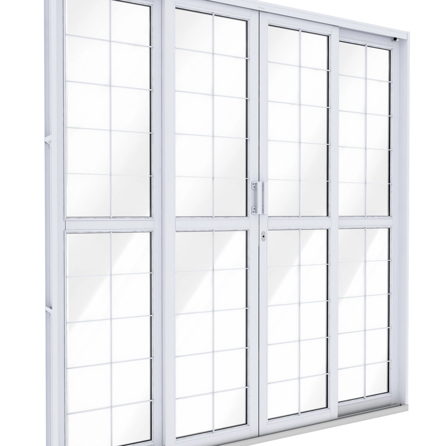Porta De Aço De Correr Central Com Grade Quadrada 4 Folhas 213x200 Riobras Aço Pronto Branco