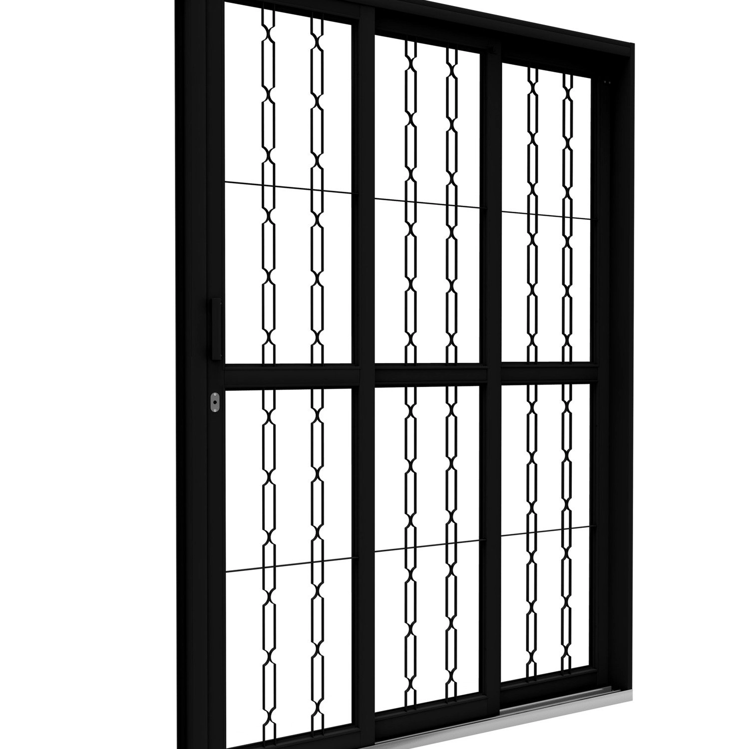 Porta De Aço De Correr Lateral 3 Folhas Com Grade Mosaico 213x150cm Riobras Aço Pronto Preto