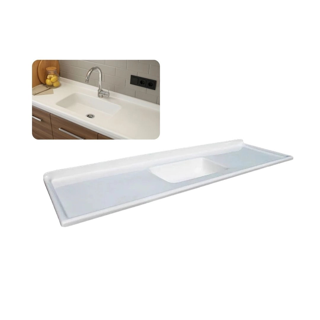 Pia De Cozinha 55x200cm Mármore Sintético Bege Cuba Fibra Branco