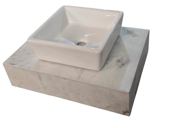 Lavatório Em Marmore Branco C/ Cuba Quadrada De Sobrepor 70cm