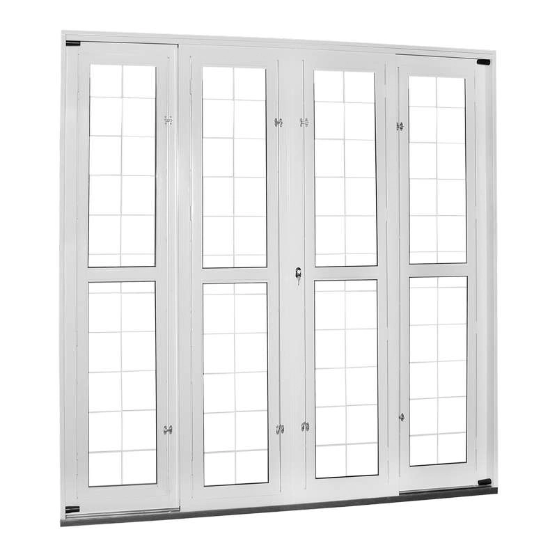 Porta De Correr Em Aço Branco 215x200x14 Cm 4 Folhas Vl Grade Quadriculada Ideal Crv