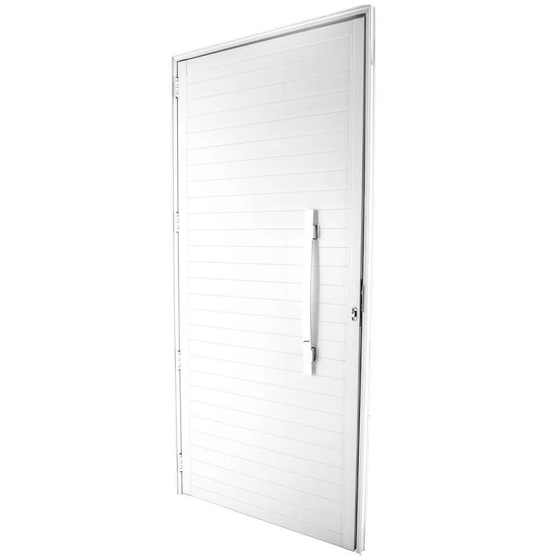 Porta De Giro Em Alumínio Lambri Branco Puxador Curvo 215x90x4 Cm Esquerda Nobre Crv