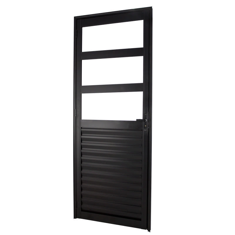 Porta De Giro Em Alumínio Preto Mista 3 Vidros 210x80x4 Cm Direita Nobre Crv
