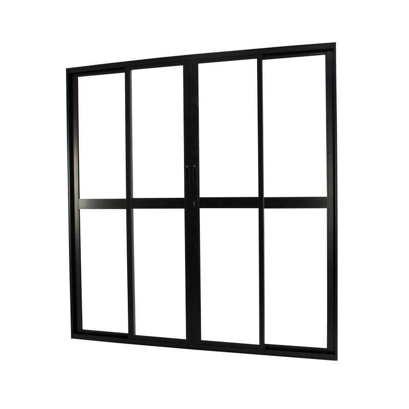 Porta De Correr Em Alumínio Preto 210x200x10 Cm 4 Folhas Vidro Liso Nobre Crv