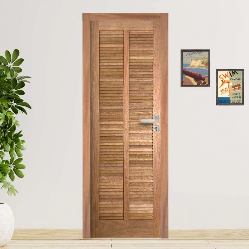 Porta Completa Veneziana Reta Em Madeira Maciça Cedro Arana 92cm X 210cm