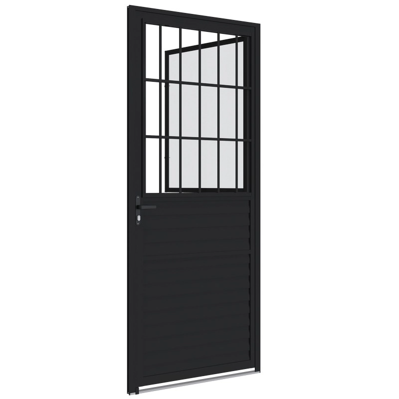 Porta Social De Abrir Alumínio C/postigo Grade Classic 215x87 Preta Direita Alumifit Sasazaki