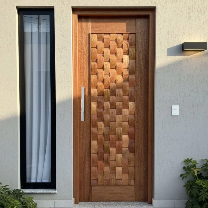 Porta Completa Pivotante Couro 102x210cm Em Madeira Maciça Cedro Arana