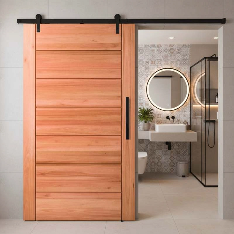 Kit Porta De Correr Completa Bbb 100x210cm Em Madeira Maciça Angelim Uniqdoor Com Trilho Preto