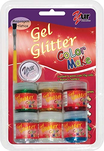 Yur Pintura Facial Gel Gliter 6 Cores Pincel Sombra...