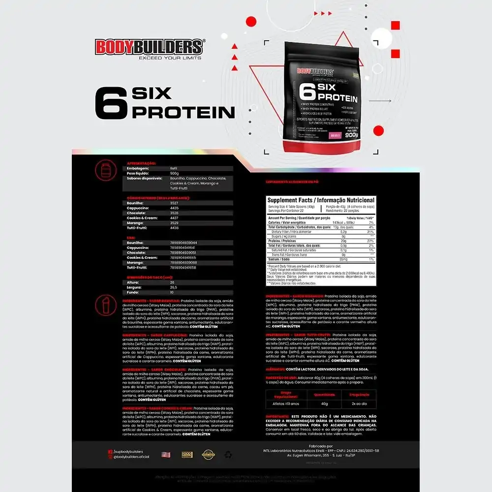 6 Six Protein 900g Morango Bodybuilders