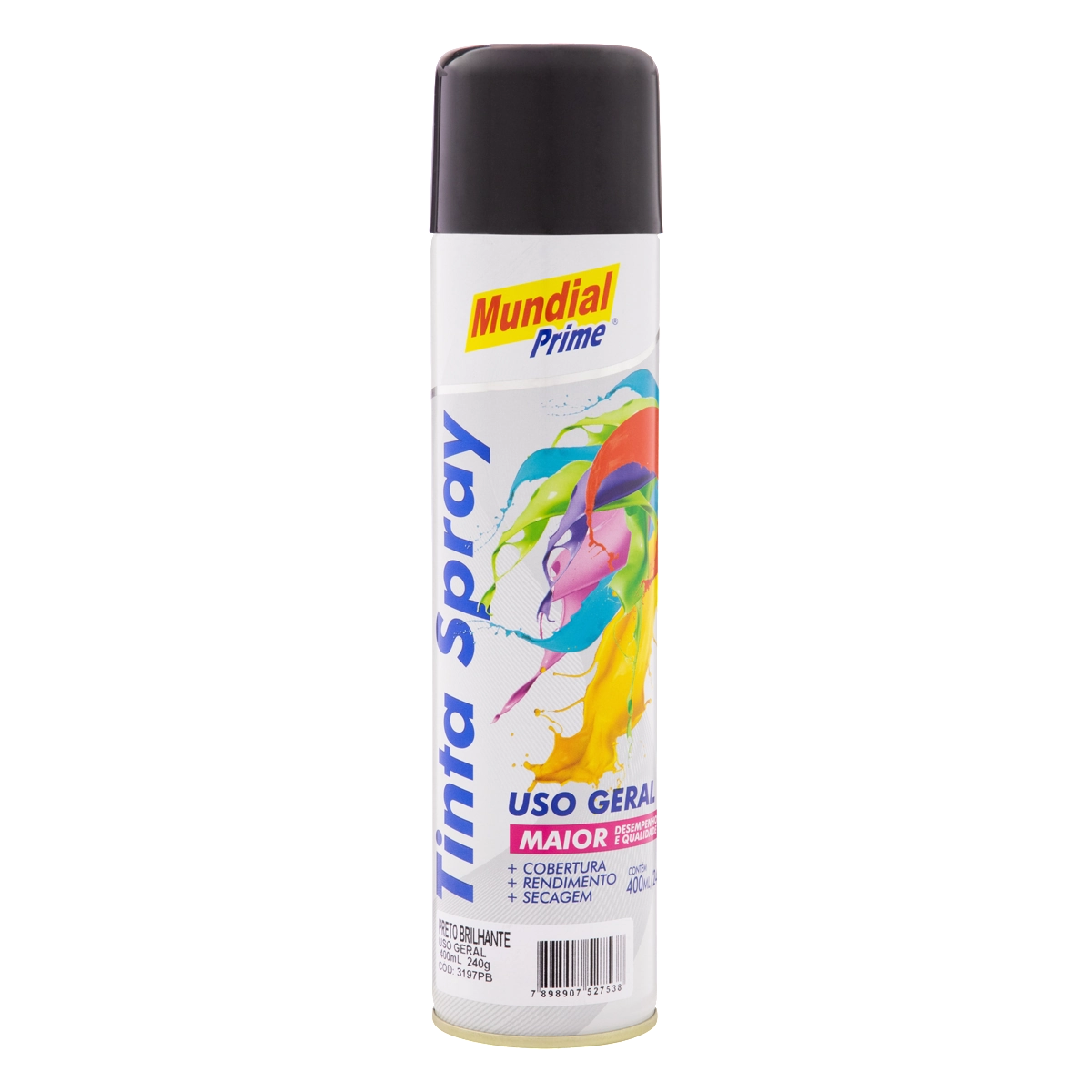 Tinta Uso Geral Spray Preto Brilhante Mundial Prime Lata 400ml