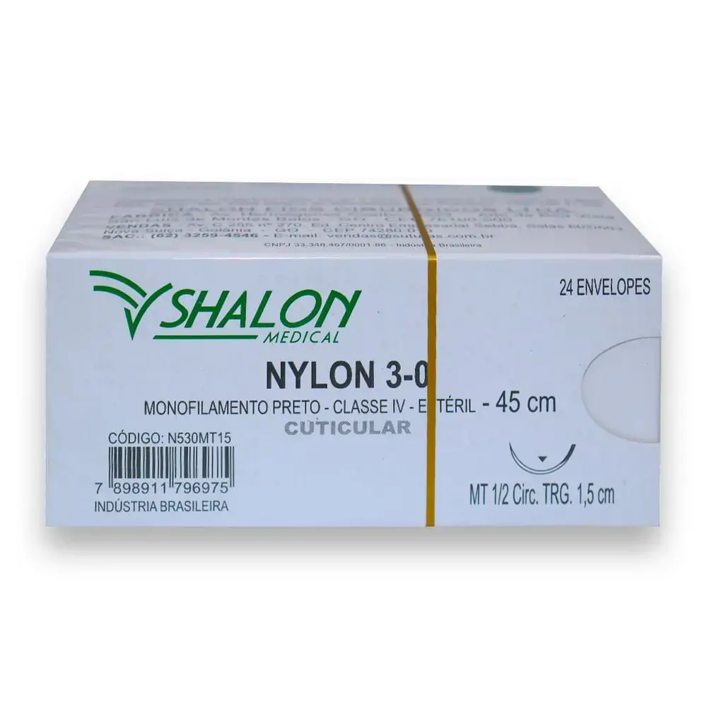 Fio de Sutura Nylon Com 24 - Shalon - Fio de Sutura Nylon Nº 3-0 com Agulha 1,5cm c/24 - Shalon