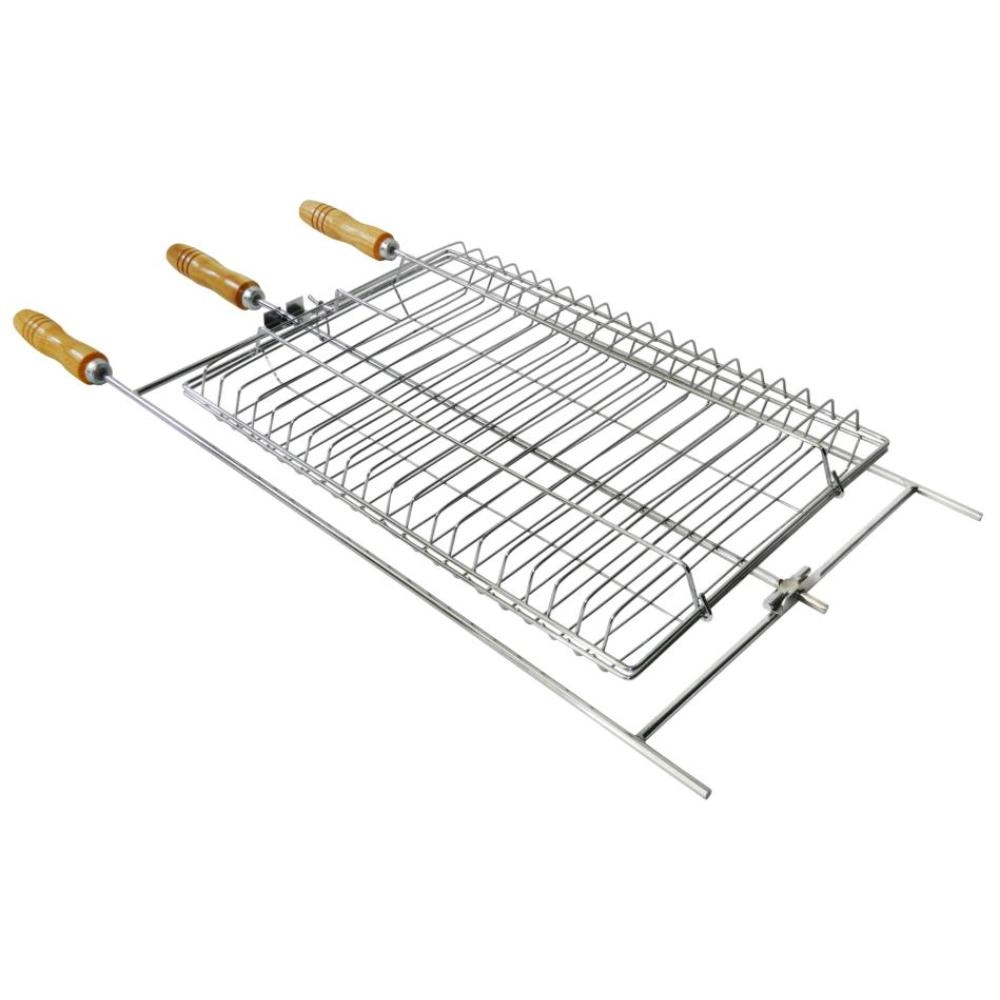 Grelha Para Churrasqueira Giratória 3 Pegadores Grande Churrasco Peixe Carnes Multiuso Cromado