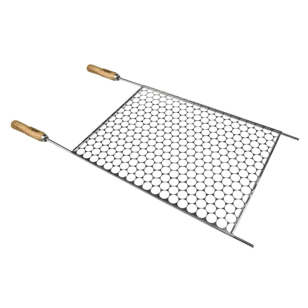 Grelha Para Churrasqueira Assador Moeda Aço Inox 2 Pegadores Churrasco Peixe Carnes Multiuso Cromado