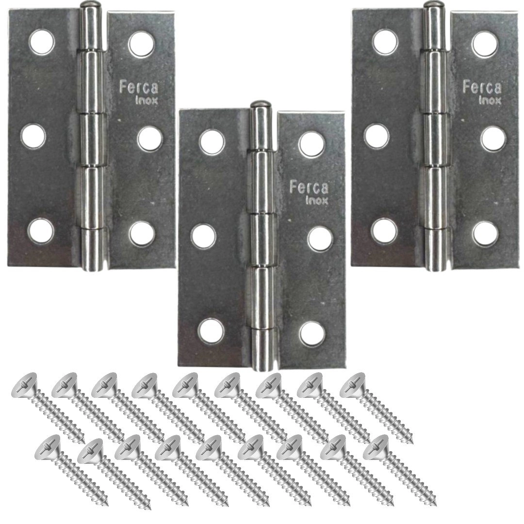 Dobradiça Porta Inox Kit 3 Peças - 2.1/2  63mm Ferca