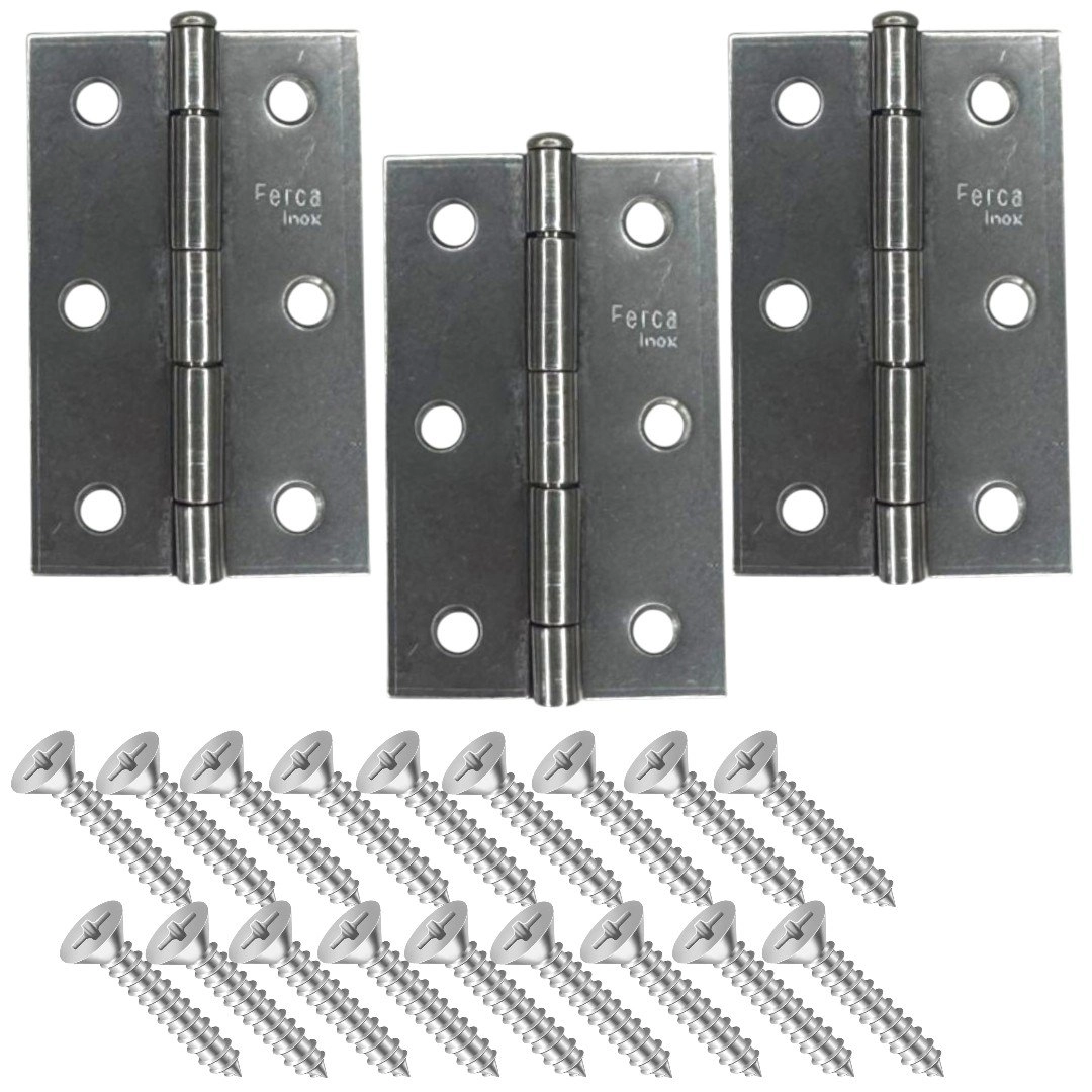 Dobradiça Porta Inox Kit 3 Peças - 3  75mm Ferca