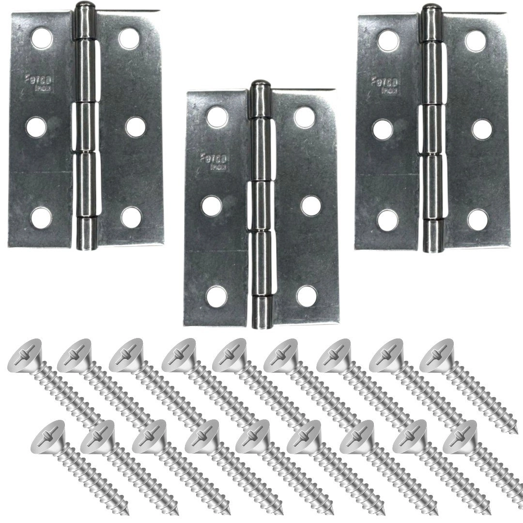 Dobradiça Porta Inox Kit 3 Peças - 3.1/2  86mm Ferca