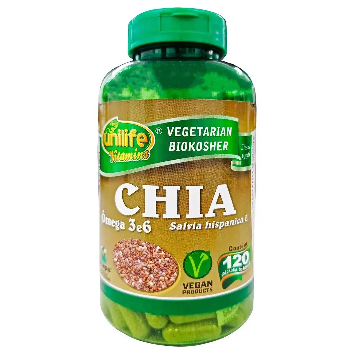 Chia Farinha em Cápsulas+Ômega 3 e 6 Vegan 120Cáps Unilife