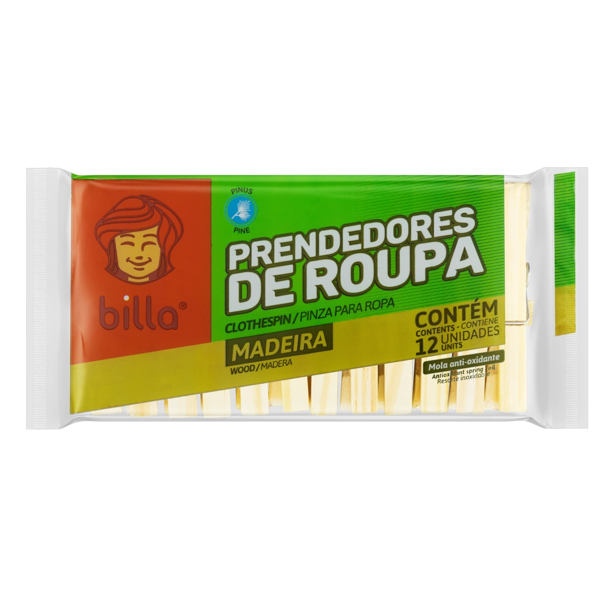 Prendedor De Roupa Madeira Com Molas Antioxidante Billa 12 Unidades