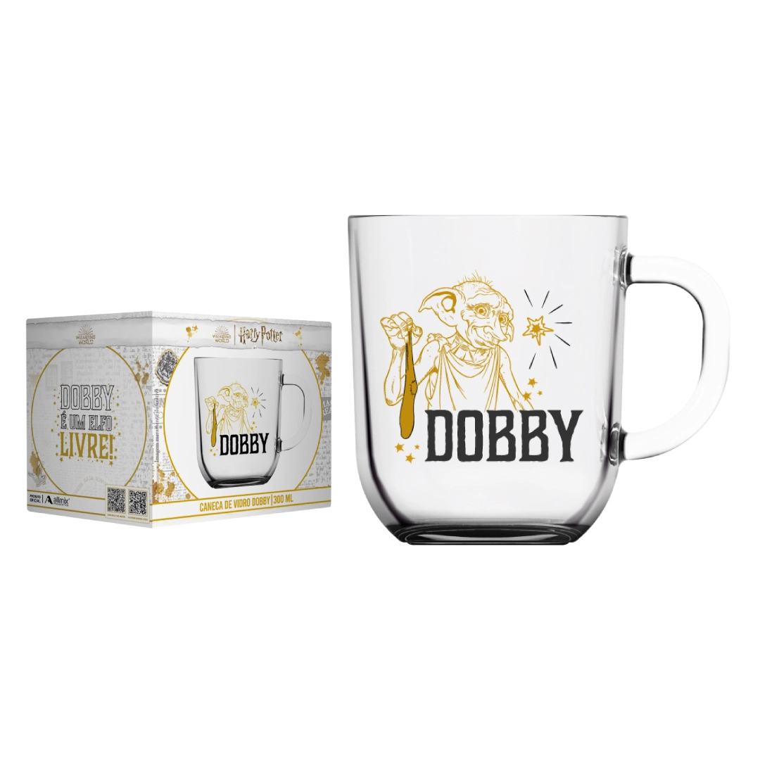 Caneca De Vidro Harry Potter Elementos 300 Ml Luva Com 1 Dobby