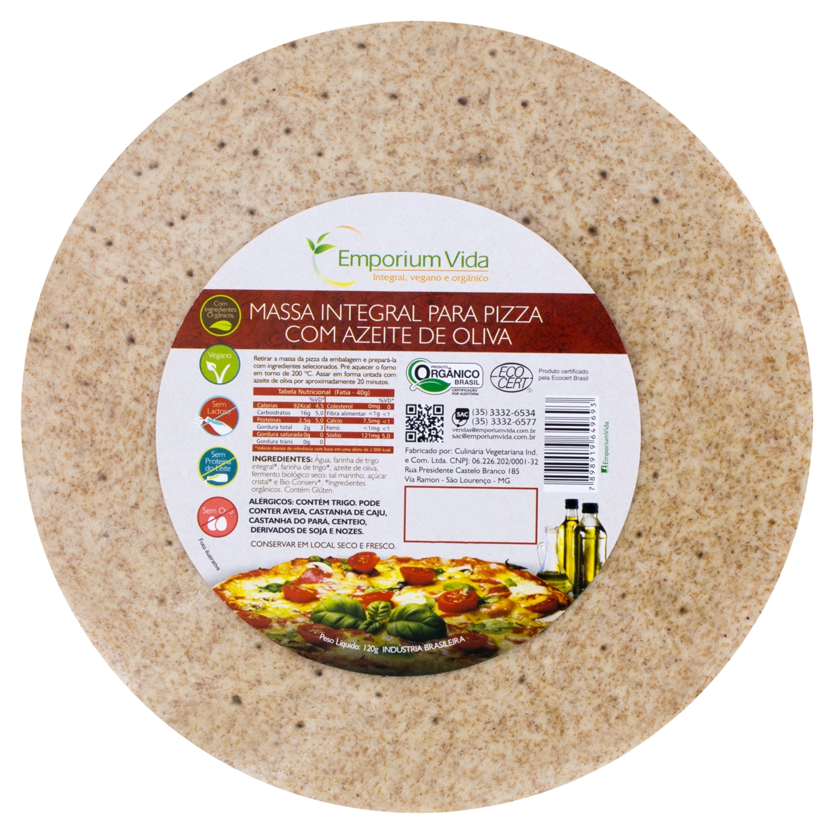 Massa Para Pizza Integral Orgânica Azeite De Oliva Zero Lactose Zero Açúcar Emporium Vida 120g