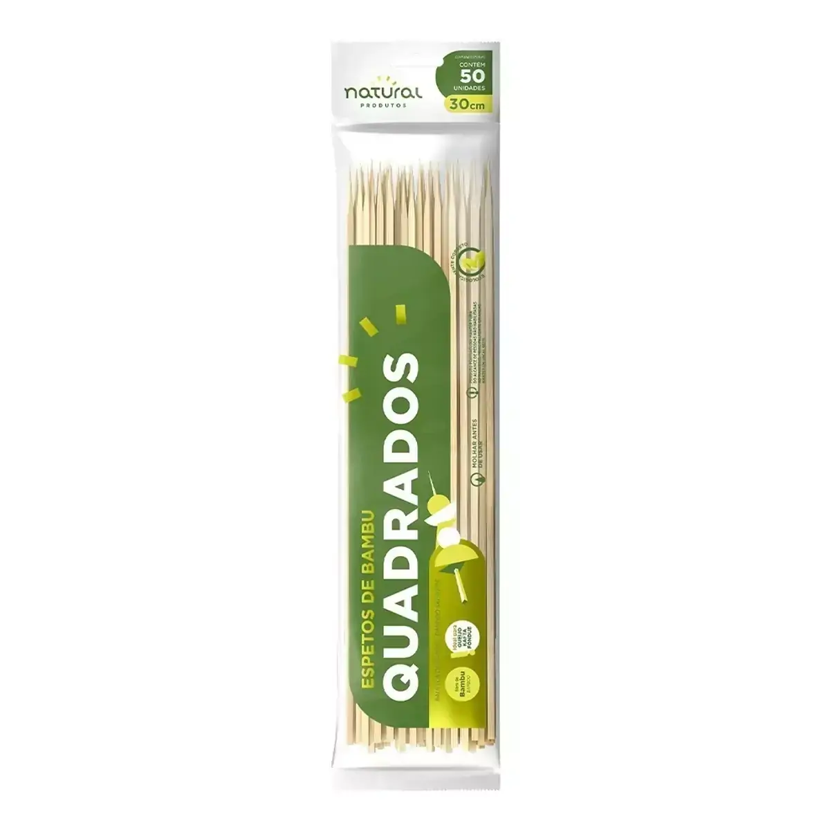 Espeto De Bambu Quadrado NATURAL 30cm Pacote 50 Unidades
