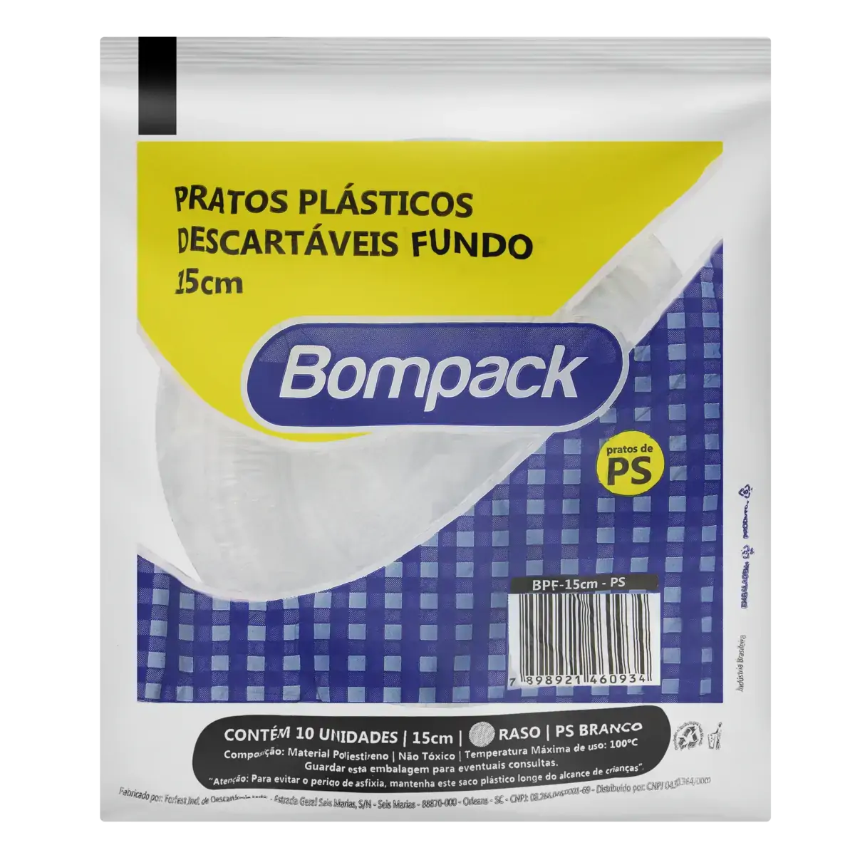 Prato Plástico Descartável Fundo Branco Bompack 15cm Pacote 10 Unidades