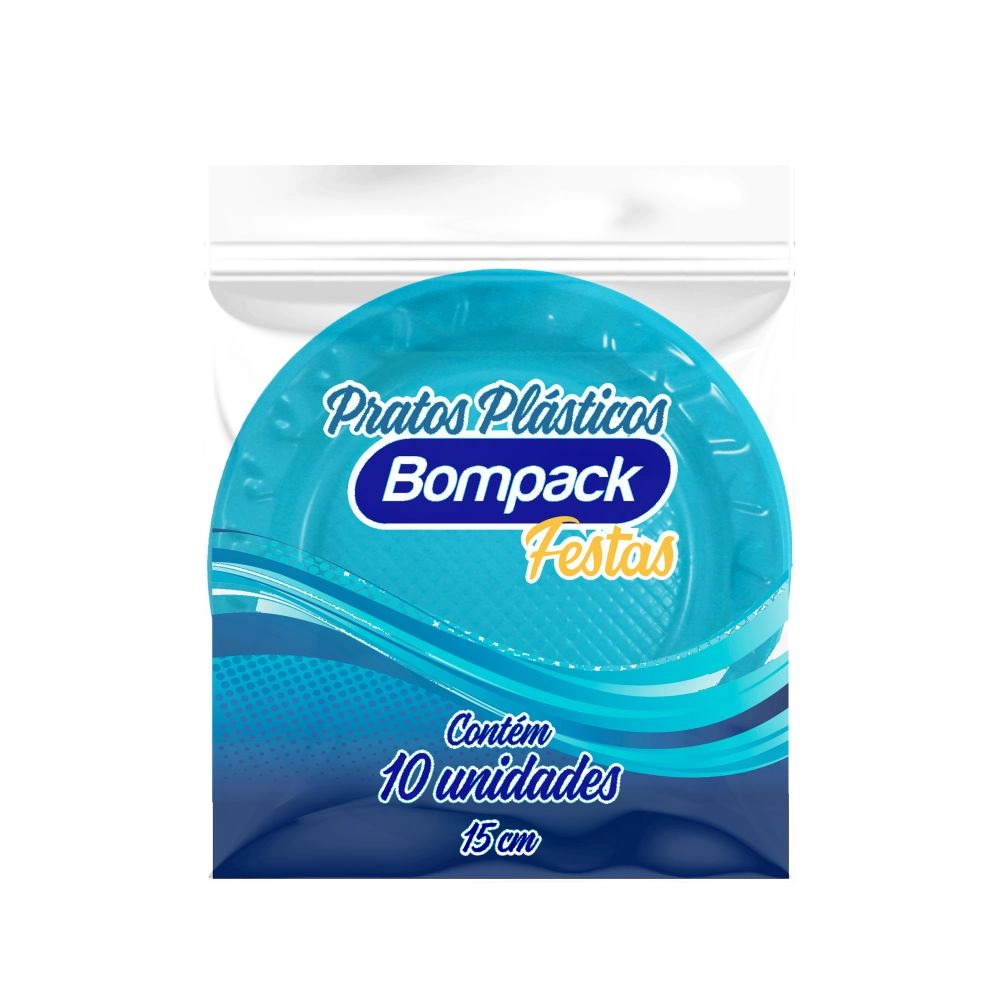 Prato Plástico Descartável Azul Bompack Colors 15cm Pacote 10 Unidades