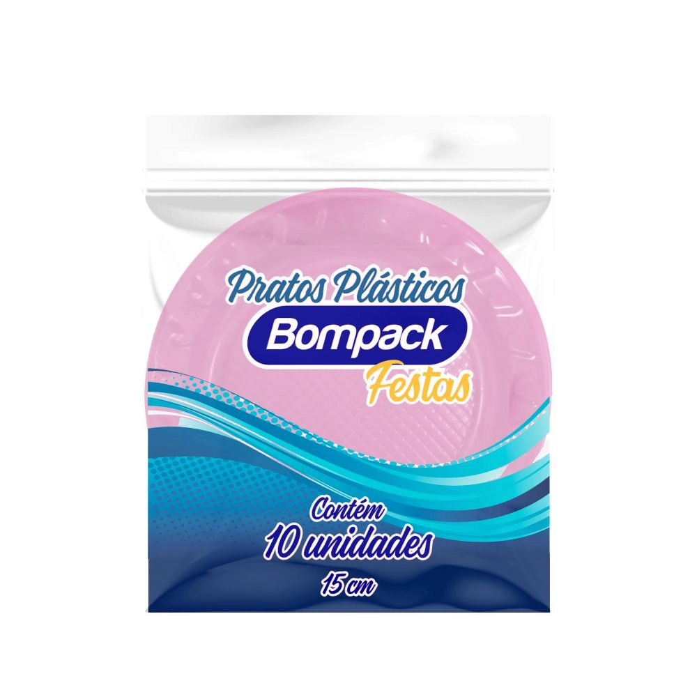 Prato Plástico Descartável Rosa Bompack Colors 15cm Pacote 10 Unidades
