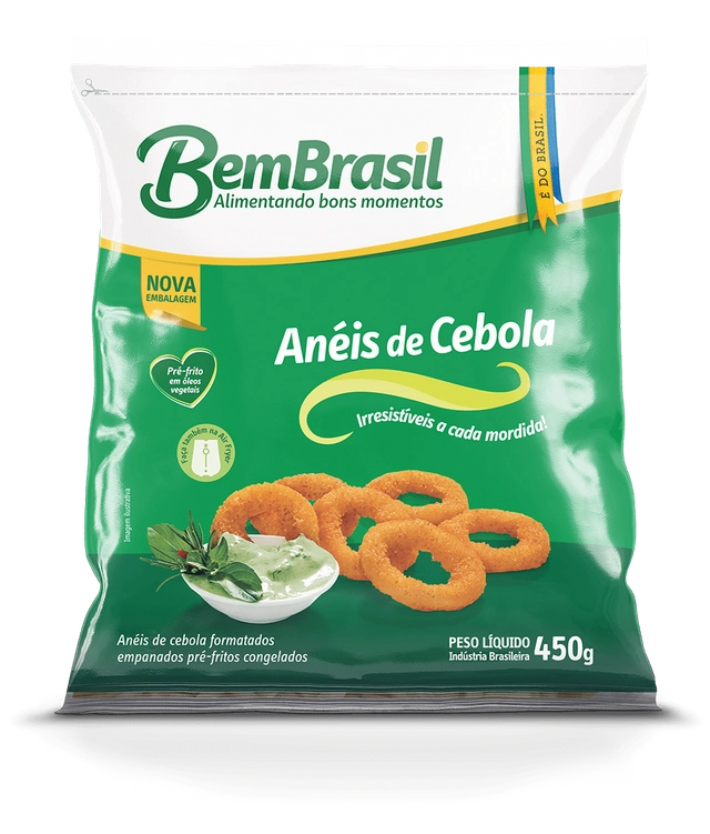 Anéis de Cebola Empanados Pré-Fritos Congelados Bem Brasil Pacote 450g