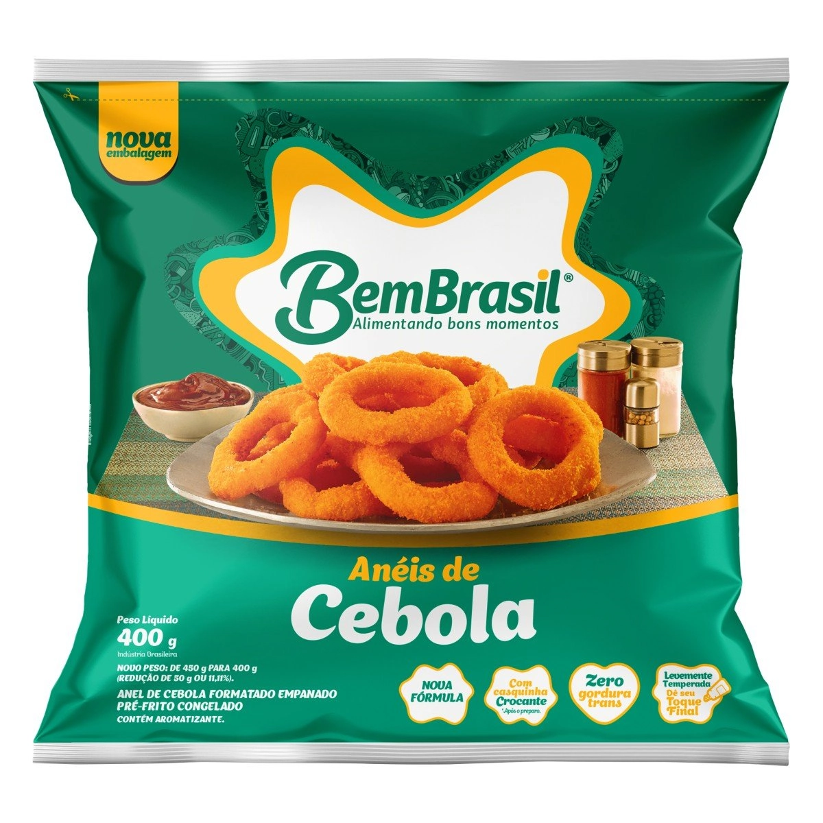 Anéis de Cebola Empanados Pré-Fritos Congelados Bem Brasil Pacote 400g
