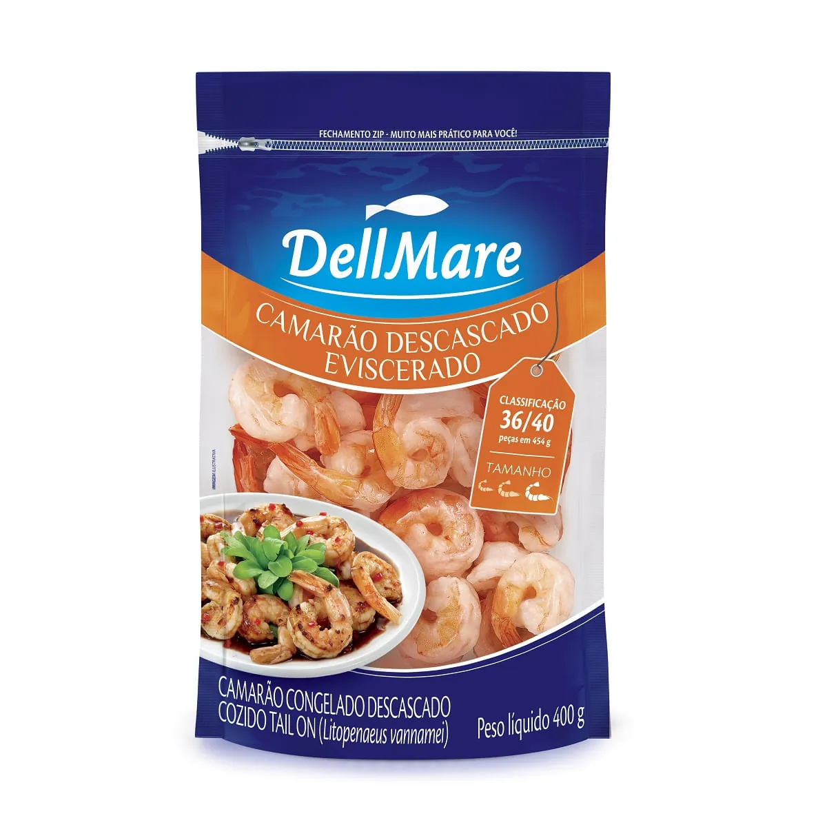 Camarão Cozido Congelado sem Casca 36/50 DELLMARE Pacote 400g