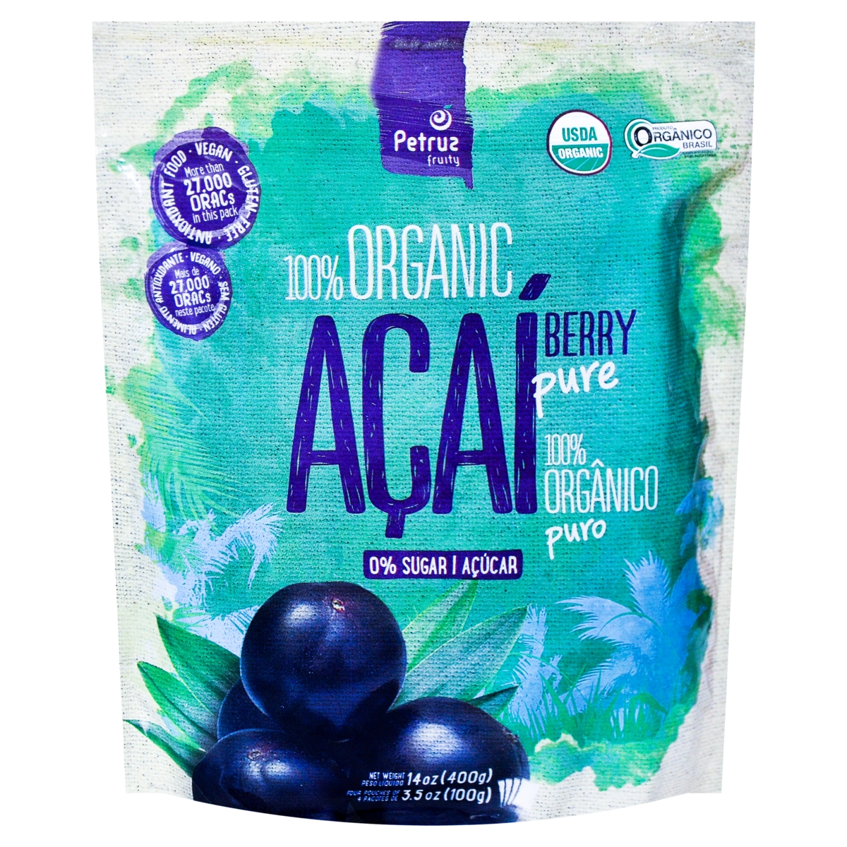 Açaí Orgânico Zero Açúcar Petruz Sachê 400g 4 Unidades