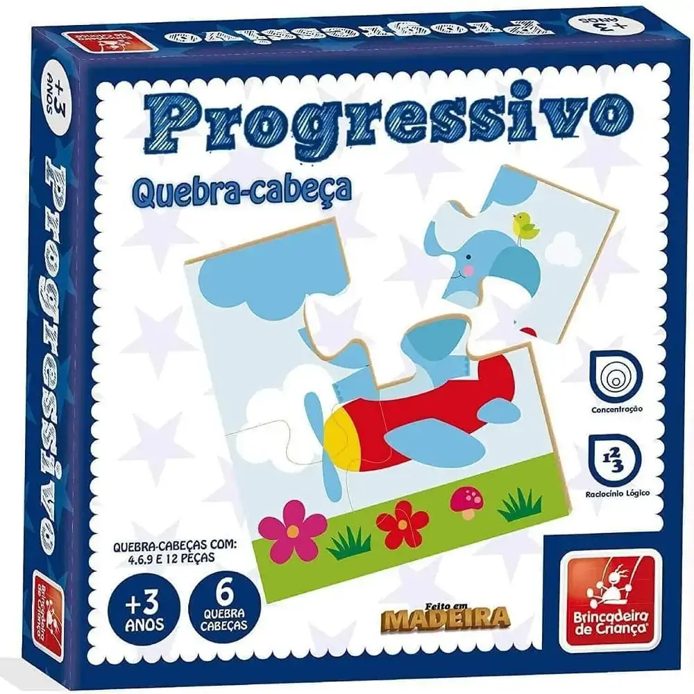 Quebra Cabeça Progressivo com 4,6,9 e 12 Peças - Brincadeira de Criança