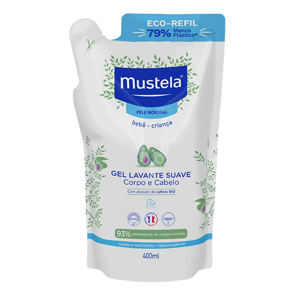 Gel Lavante Suave Infantil Corpo E Cabelo Orgânico Mustela Sachê 400ml Refil