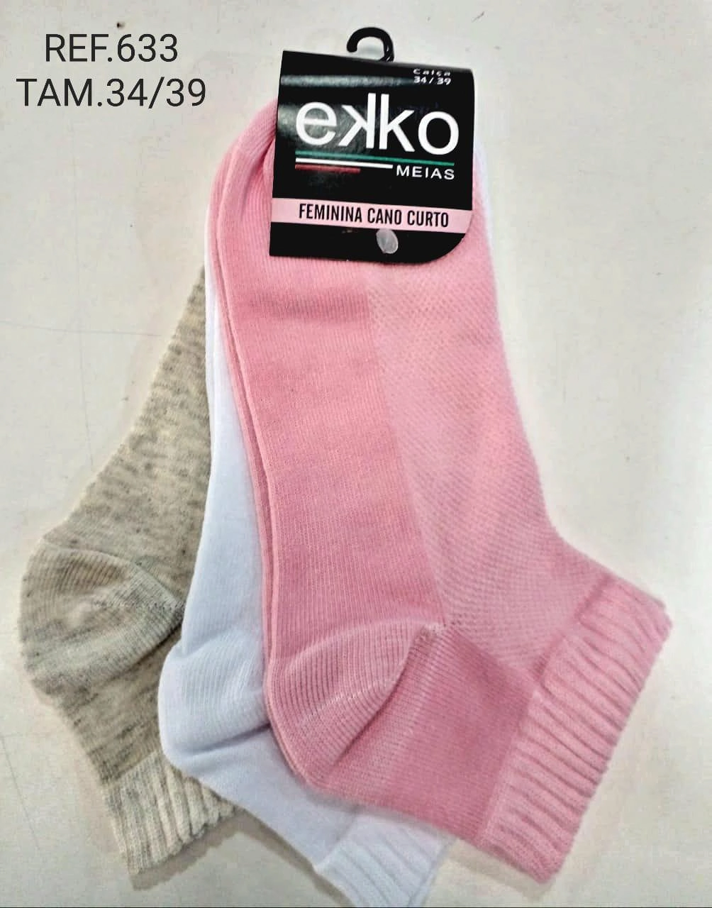 Meia Cano Curto Esportiva Feminina 3 Pares 34 39 633 Ekko