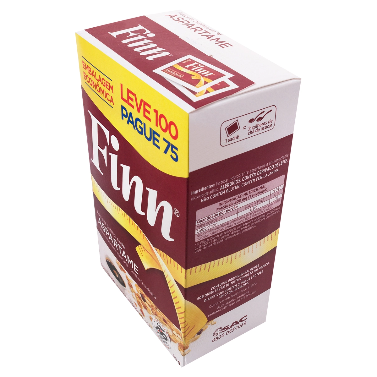 Adoçante Em Pó Aspartame Finn Caixa 80g Leve 100 Pague 75 Unidades