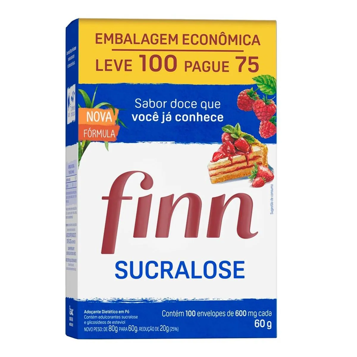 Adoçante Em Pó Sucralose Finn Caixa 60g Embalagem Econômica Leve 100 Pague 75 Unidades
