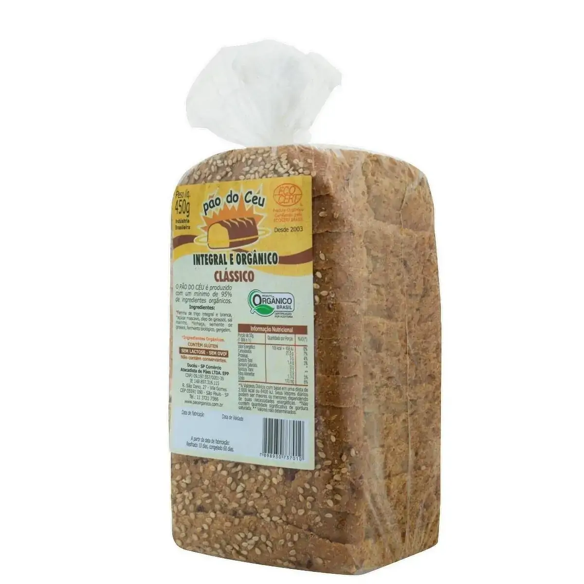 Pão Orgânico Integral Zero Lactose Pão do Céu Pacote 450g