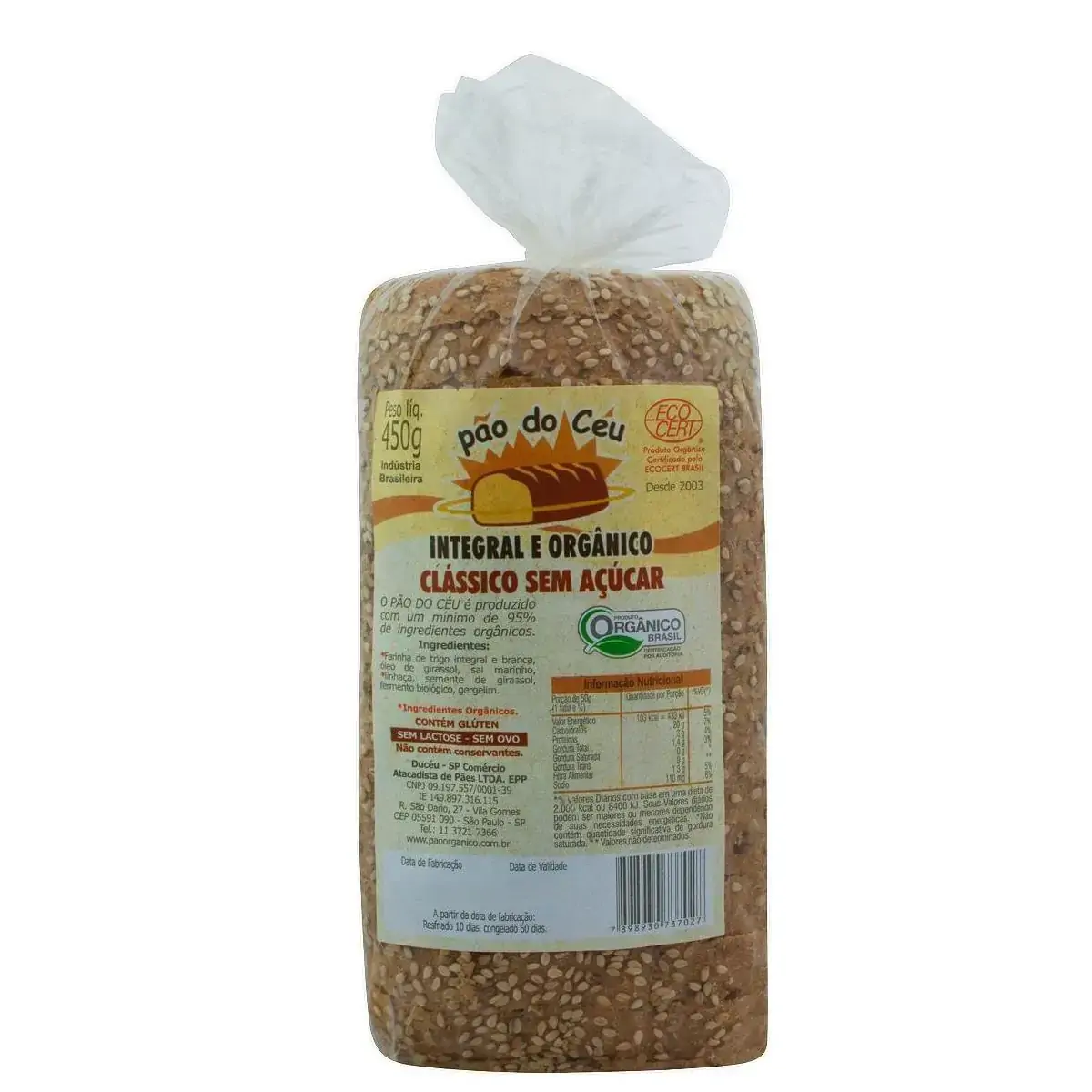 Pão Integral Orgânico Clássico Zero Lactose Zero Açúcar Pão do Céu Pacote 450g