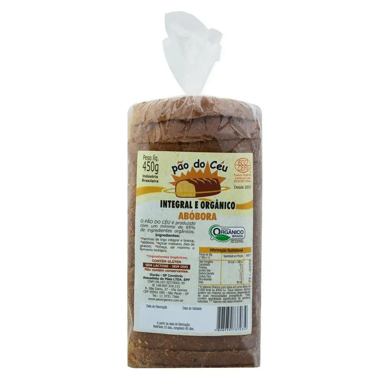 Pão Orgânico Integral Abóbora Zero Lactose Pão do Céu Pacote 450g