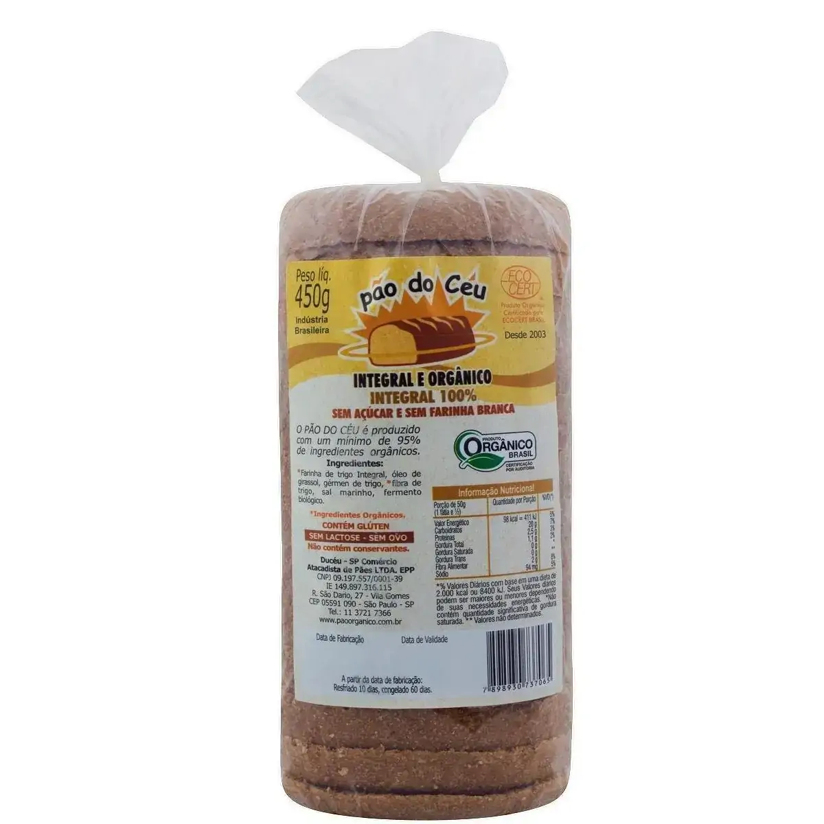 Pão Orgânico Integral Zero Lactose Zero Açúcar Pão do Céu Pacote 450g