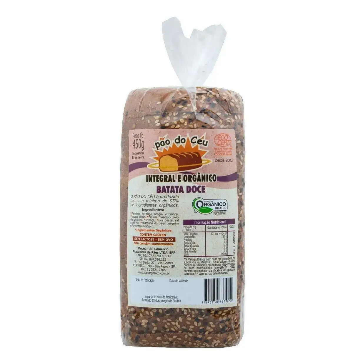 Pão Orgânico Integral Batata Doce Zero Lactose Pão do Céu Pacote 450g
