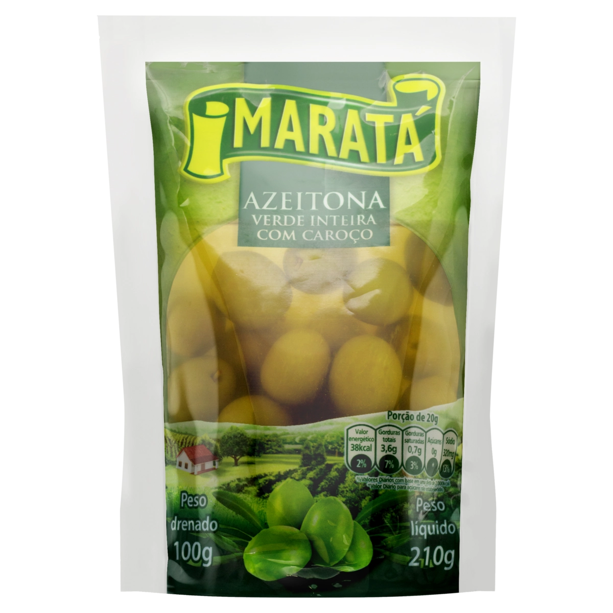Azeitona Verde Em Conserva Inteira Com Caroço Maratá Sachê 100g