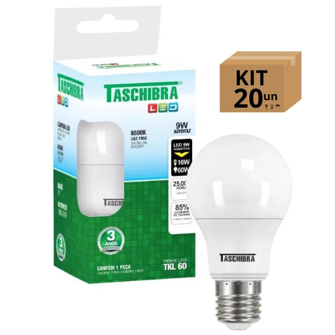 Kit 20un Lâmpada Bulbo Led Taschibra Tkl Bivolt E27 9w 6500k