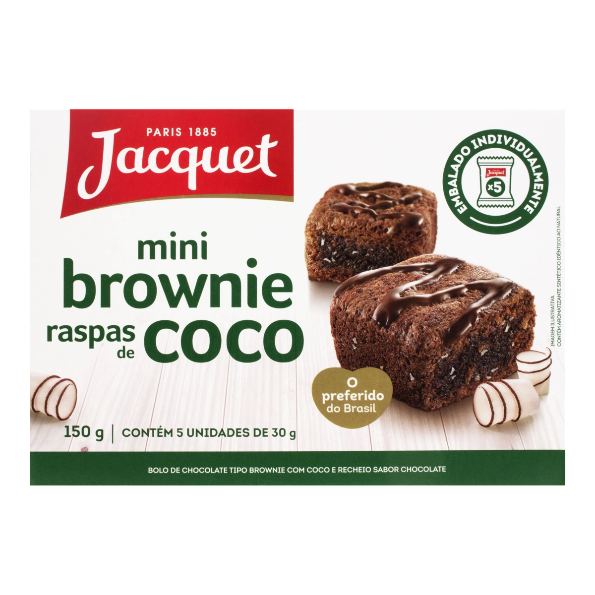 Pack Minibrownie Chocolate Com Raspas De Coco Recheio Chocolate Jacquet Caixa 150g 5 Unidades