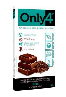 Only 4 Chocolate Com Acucar De Coco Nibs 80g Vegano 70 Cacau Op One