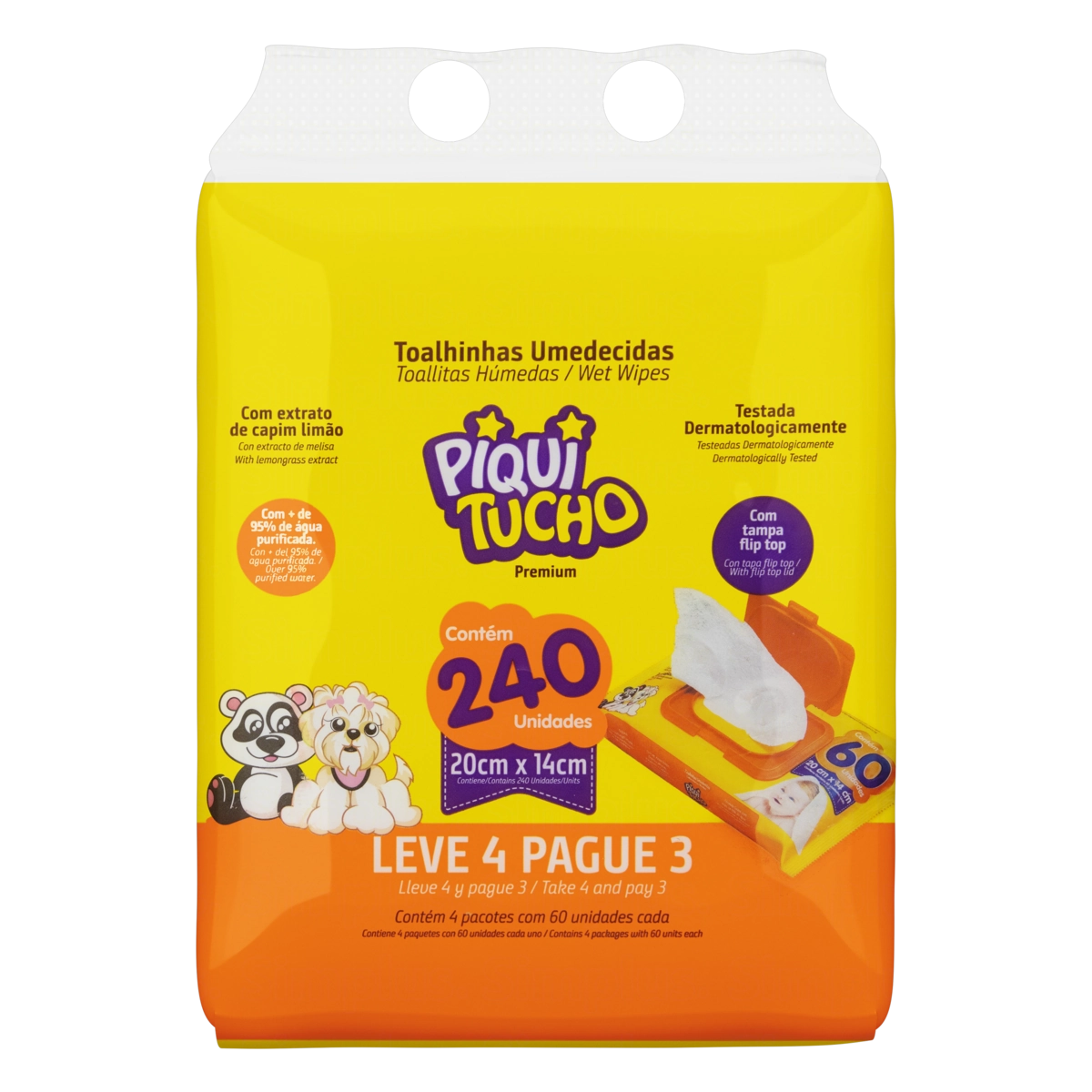 Pack Toalha Umedecida Infantil Piquitucho Premium Pacote Leve 4 Pague 3 Unidades