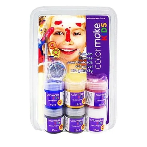 Colormake Tinta Kids Liq 6 Cores 15ml C/pincel E Glitter R.1002